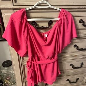 Bright Pink Women's Belted Flutter Sleeve Top